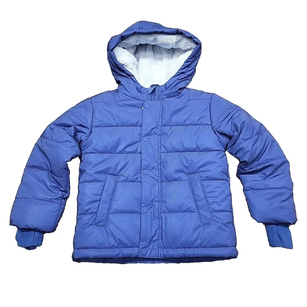 Cat and Jack Girls Solid Puffer Zip Snap Front Jacket X-Small Size Blue Pockets